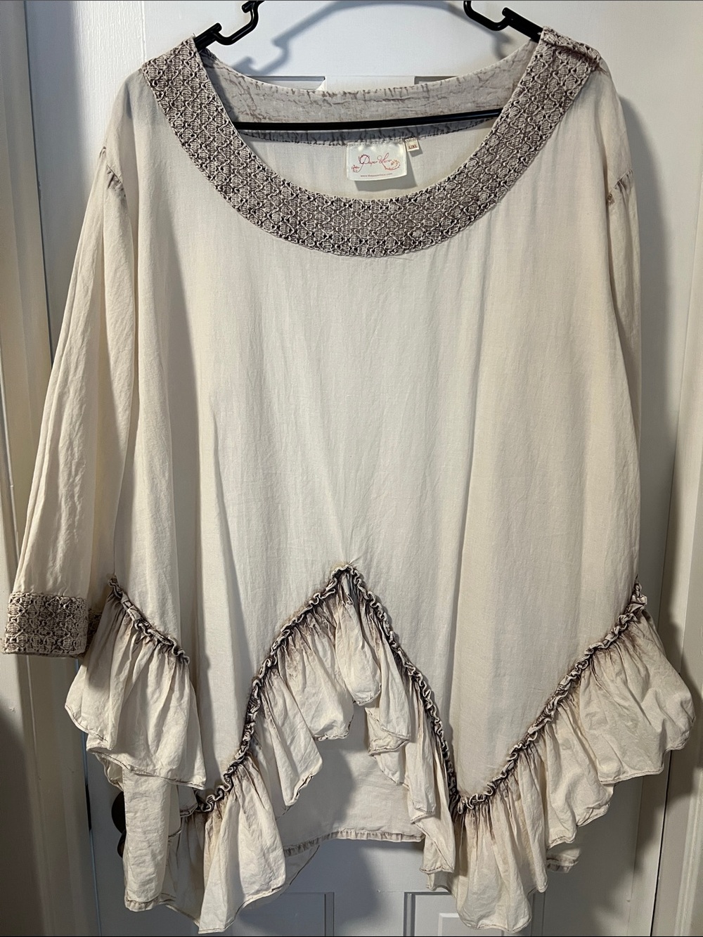 Cream Ruffle Hem Peasant Tunic with Embroidered Trim